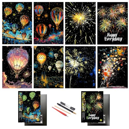 SiYear Scratch Paper Rainbow Painting Sketch, City Series Night Scene,Scratch Painting Creative Gift,Scratchboard for Adult with 4 Tools（Hot Air Balloon + Fireworks）