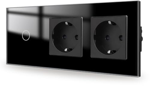 JIMEIDA Touch Lichtschalter mit 2 Steckdose Schwarz 1 Fach 1 Weg,Glas Panel und Status-LED Wandschalter,Kein Neutralleiter Erforderlich,157 * 86mm