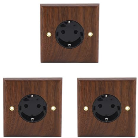 Prise Murale Standard UE Prise de Courant électrique Murale Prise D'interrupteur 16A 250V Prise électrique Rétro Prise Murale en Noyer Noir Prise pour Appareils (3)