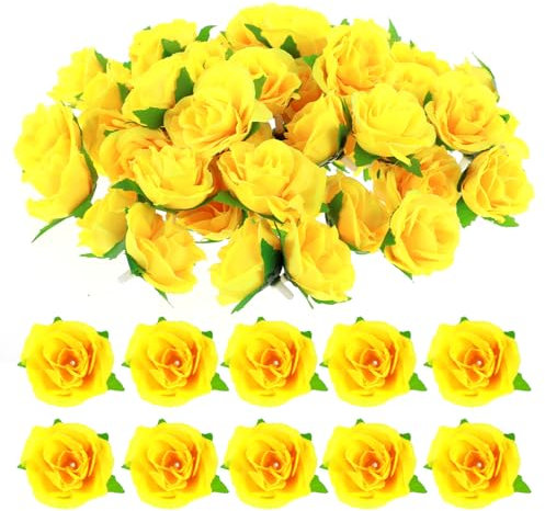 Yellow Roses Artificial Flowers, 50 Pcs Artificial Roses Flower Heads Real Looking Fake Silk Rose Heads for DIY Crafts Floral Arrangement Wedding Bridal Bouquets Party Cake Decoration (4cm)