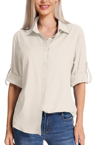 Women's Long Sleeve Safari Clothes UPF 50+ Hiking Fishing Shirts,Sun Protection Quick Dry Light Cooling Shirts（5019 Lightkhaki L）