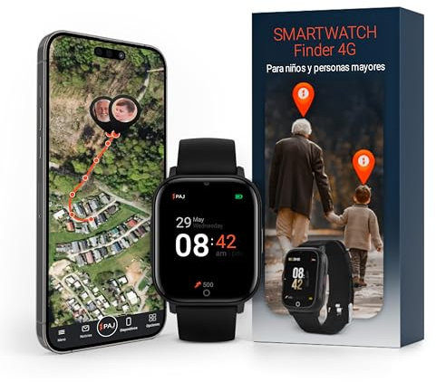 PAJ SMARTWATCH Finder 4G pour Enfants & Personnes âgées/démence - Traceur GPS, Alerte SOS, caméra, Messages vocaux, localisation en Temps réel, résistant à l'eau, Facile à Utiliser, sécurité, Noir