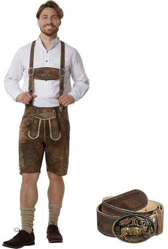 dressforfun Pantalon cuir Homme Oktoberfest Jonathan, Costume Bavarois Homme haute qualité en cuir véritable, Ceinture et Bretelles réglables Tenue Oktoberfest Deguisement adulte Fête Mariage Carnaval