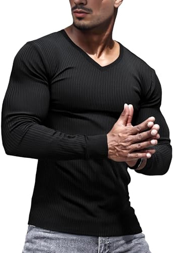 Lehmanlin Mens Thermal Underwear Long Sleeve Muscle T-Shirt Slim Fit V Neck Undershirts Elasticity Ribbing Pullover Top (Black/L)