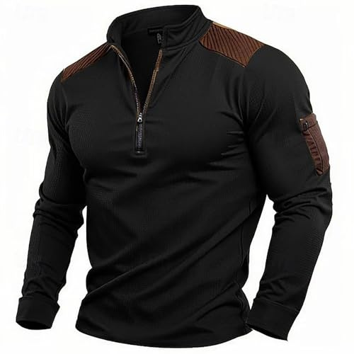 Generisch T-shirt de combat tactique pour homme - Manches longues - Col zippé - Coupe ajustée - Camouflage - Paintball - Airsoft - Armée allemande - Uniforme militaire - Pull streetwear, O Noir., M