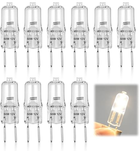 Bombilla Halógena G6.35 50W 12V Regulable, Blanco Cálido 2750K 800lm, Pack 10 Lámparas Bi-Pin GY6.35 para Iluminación Interior, Gabinetes, Arañas, Paisaje y Luces de Techo | 12V Ampoule Halógeno Energ