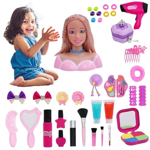 Modelo de peinado con cabeza de muñeca para niños, 40 piezas de muñeca con cabeza de peinado para niños con accesorios para secador de pelo, juego de peluquería, maquillaje de lujo, juego de simulaci