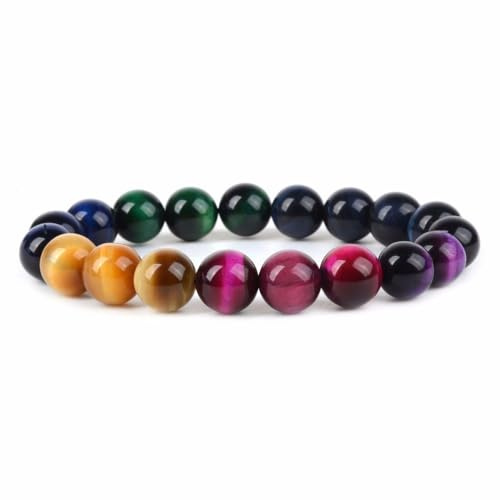 Justinstones Dyed Multi-color Tiger Eye Gemstone 10mm Round Beads Stretch Bracelet 7 Inch Unisex
