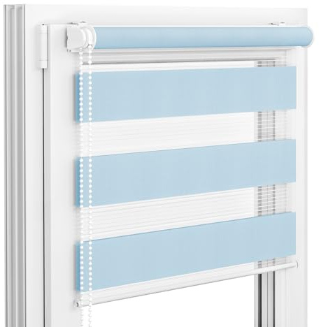 Victoria M. Zevra Doppelrollo Duorollo, Klemmrollo ohne Bohren & mit Bohren für Fenster und Türen, Klemmfix Duo Rollo Fensterrollo Lichtdurchlässige/Verdunkelnde Streifen, 60 x 160 cm, Hellblau