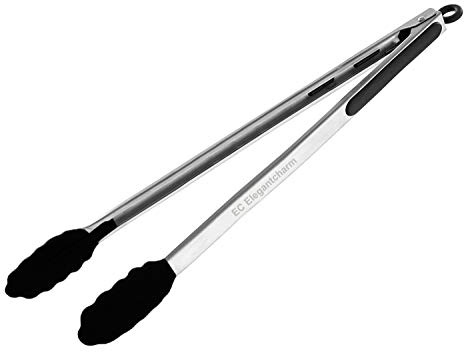 17 Kitchen Tongs with Silicone Tips, High Heat Resistant Grill Tongs in Stainless Steel