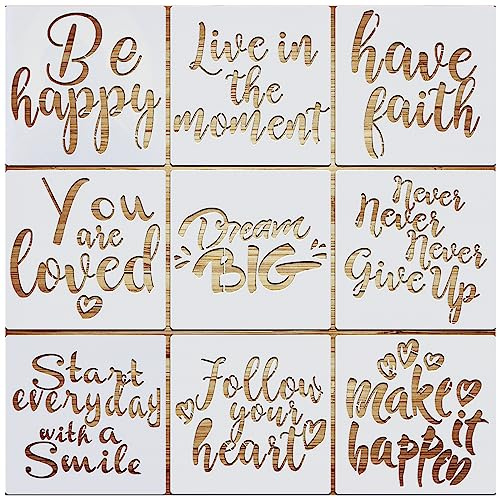 VETPW 9 Pcs Motivational Drawing Painting Template Craft Inspirational Quote Stencil Set, Reusable Shapes Word Stencils Scale Templates for Floors, Window, Furniture, Wood, Wall Design, 20x20CM