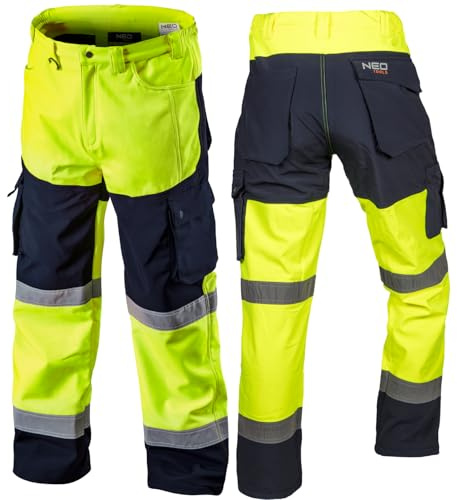 NEO TOOLS Herren Warnschutz-Arbeitshose, wasserfest (Wassersäule 8000 mm), atmungsaktiv (3000 m² MVP), Softshell aus 100% Polyester mit Fleece-Innenfutter, Orange/Gelb, S-3XL - Gelb S