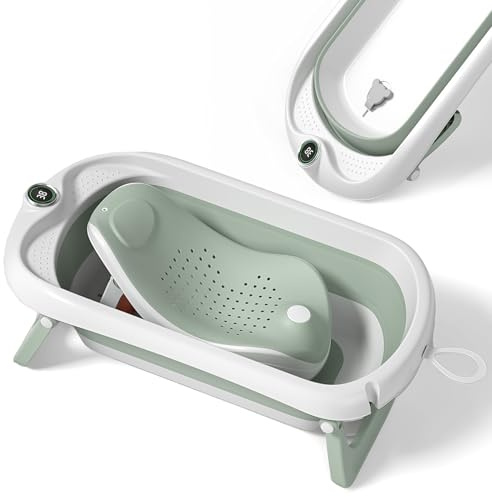 Bañera Plegable Bebé Con Asiento De Baño Antideslizante - bañera Bebe Plegable Con Termómetro - Asiento Bañera Bebe - Silla - Desde El Nacimiento Hasta Los 3 Años - Regalos De Nacimiento (VERDE)