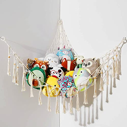 Stuffed Animal Storage Macrame Boho Plush Toy Net Hammock for Stuffed Animals with Light Pet Net for Stuffed Animals Corner Hanging Stuffed Animal Holder Teddy Bear Net for Kids Room (White-1)