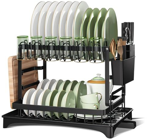 LONENESS 2 Tier Metal Dish Drainer Rack, Kitchen Sink Dish Rack with Cup Holder, Utensil Holder, Sink Drainer Rack for Kitchen Counter