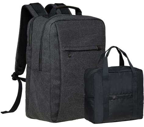 KAUKKO Canvas 25L Reiserucksack mit Handtasche, 15,6 Zoll Laptop Backpack, Flug Genehmigt Bordgepäck Kabinenrucksack für Travel Weekender Trip, FH15+FH16-Schwarz