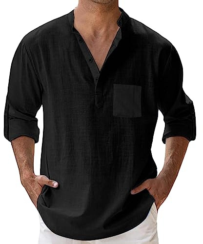 Générique Chemise Lin Homme Manches Longues Été Mao Chemise de Plage Classique Décontractée Casual Regular Fit