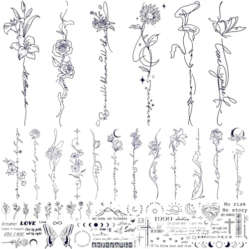 CHARLENT Tatuaggi Semipermanenti per Adulti - 2 Settimane di Durata, Piccoli Tatuaggi con Fiori e Parole per Donne, Uomini, Mani, Collo e Corpo/Svaniscono Naturalmente/Nessun Riflesso/Impermeabili