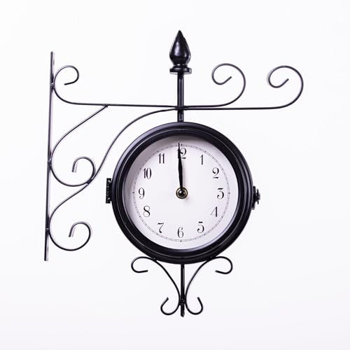 Garden Gear Sedgewick Double-Sided Station Clock Victorian Garden Wall Clock with Ornamental Finial Detailing Weatherproof Powder-Coated Steel Black 33cm
