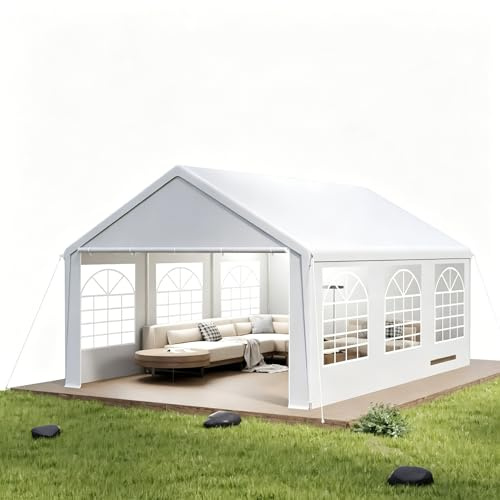 VA-Cerulean Carpa para fiestas de 4 x 6 m, color blanco, resistente al agua y a los rayos UV, estable, lona de polietileno, 6 paredes laterales extraíbles con ventanas, varillas de acero galvanizado