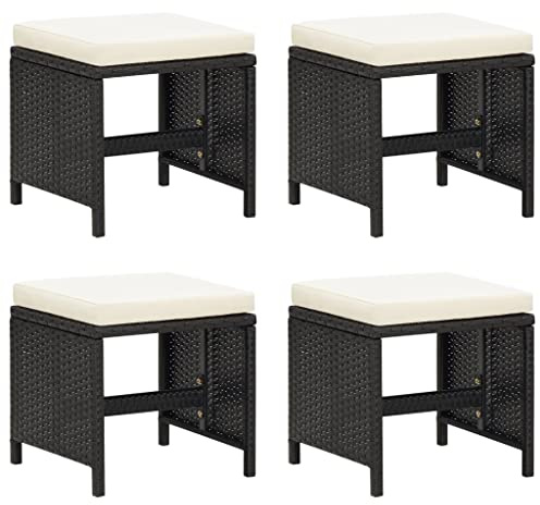Mangloder Tabourets de Jardin en résine tressée Noir avec Coussins Blanc cassé, Lot de 4 tabourets empilables, siège Confortable 40,5 x 40,5 x 35 cm pour terrasse, Balcon, extérieur et détente