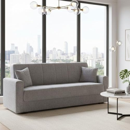 Dmora Divano Letto 3 posti Pinto, Divano Letto Contenitore lineare, Sofà da Soggiorno in Tessuto Imbottito con Apertura Click-clack, 212x80h87 cm, Grigio