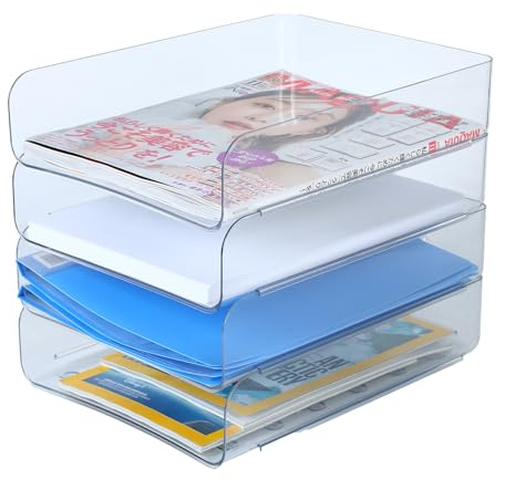 (4pcs Pack) HKeeper Stackable Paper Trays,Letter Tray Organizer,Office Desktop Organizer,A4 Paper Holder,Supplies Magazine,File Documents,Receipts(Clear,Regular)