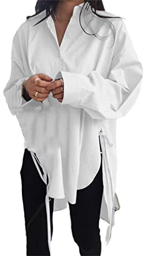 HHmei New Women Long Sleeve Boyfriend Button Down Shirts Asymmetrical Casual Lace Up Oversized Tunic Tops White X-Large
