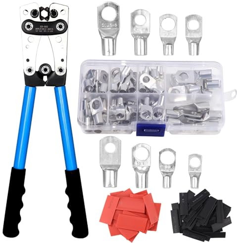 jutyum Pinza Crimpatrice, Pinza capicorda AWG 10-0, 6/10/16/25/35/50 mm²Crimpatrice Capicorda con 60 PCS terminali ad anello in rame + 60 PCS tubo termorestringente Potente pinza a crimpare