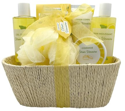 French Tendance - Coffret Baignoire Panier : Gel douche 200 ml - Bain moussant 200 ml - Sels de Bain 100 g - Fleur de Douche - Gommage Corps 50 ml - Lait Corporel 100 ml - Parfum Citron Verveine