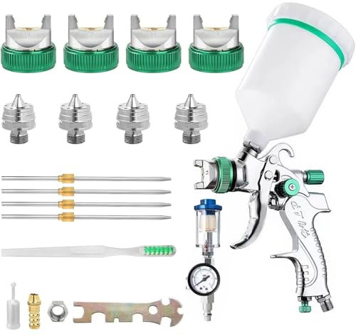 WOOLUCK® HVLP Pistolet à Peinture 600ml avec 4 Buses 1,4/1,7/2,0/2,5mm,Pistolet Peinture Pneumatique pour Les Murs, l'automobile, Les travaux de rénovation (Vert)