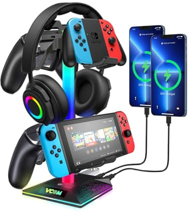 VCOM Support Casque Gamer, RGB Porte Casque avec 3 Ports USB, Support Manette avec 10 Modes d'éclairage pour Gamer, Xbox, PS5 Accessoires de Casque