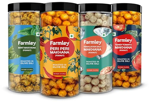 Farmley Makhana Gluten Free Roasted & Flavoured Puffs Fox Nut Water Lily Pops Popped Lotus Seed Pack of 4 90g each (Peri-Peri, Salted, Mint, Tangy Tomato) Daily Nutritious Snack 12.70 Ounce