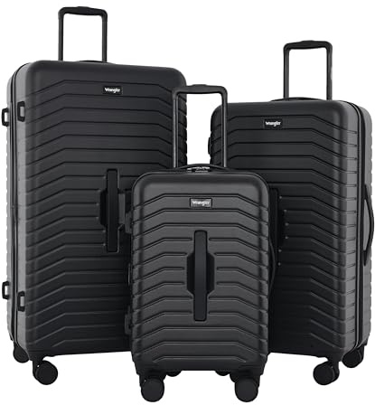 Wrangler Trunk Spinner Luggage Set, 3 Luggage Set, Black, 8-Wheel Spinner System, Expandable Design, Fully-Lined Interior with Accessory Pocket, Push-Button Locking Handle