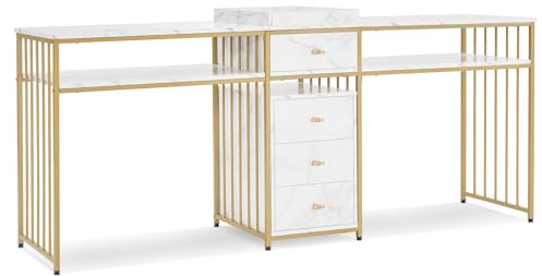M MCombo Table Onglerie Professionnelle Avec Tiroirs, Étagère, Coiffeuse Sans Miroir, Marbre Blanc Or, 50 x 200 x 86cm, 2413