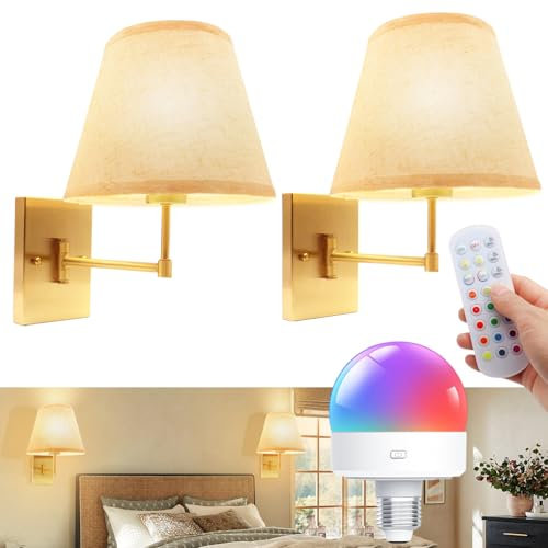 fisca Lampada da parete senza fili 2 set, 5000 mAh, lampada da parete ricaricabile con telecomando e timer, RGB dimmerabile lampadina rimovibile per soggiorno/camera da letto (oro) [classe energetica