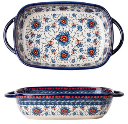 Auflaufform Klein Keramik| Rechteckig Lasagneform Für 1 Personen| Vintage Keramik Lasagne Pfannen Ofenform| Porzellan Backform Mit Griff Für Lasagne, Tiramisu, Auflauf| 23.5x13x5cm (Stil H)