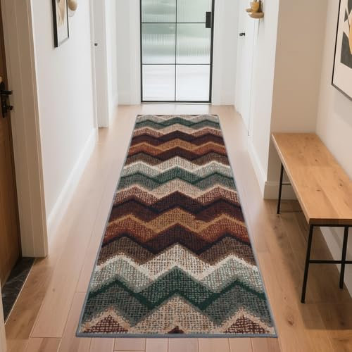 TUKDAK Boho Runner Rugs for Hallway Non Slip 60x180cm, Geometric Washable Kitchen Carpet Runner, Bohemian Long Hall Rug for Entryway Bedroom Laundry Living Room, Low Pile Non Shedding, Brown Green