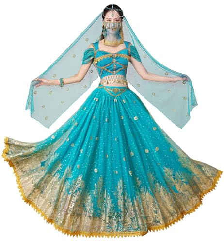 yrsZX Costume da principessa araba Jasmine Fairy Set da donna per Halloween, Cospaly Party, vestito per danza del ventre, blu verde, etichetta M