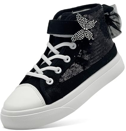 sharllen Girls Trainers Kids High Top Canvas Shoes Glitter Sequins Bowknot Pumps Easy Fasten Lightweight Casual Sneakers(Black 213)