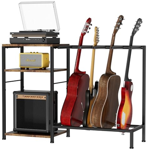 NEYCIL Guitar Stand for 4 Guitars, Adjustable Multiple Guitars Rack with Soft-Padded Protector for Acoustic, Electric, Bass & Ukulele, Guitar Display Stand with 3-tier Shelves for Amp & Vinyl Records