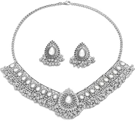 IMINI Vintage Indian Jewellery Set for Women: Antique Silver Oxidised Choker Necklace & Earrings, Boho Bridal Wedding Gift with Crystals, Festive Ethnic Party Wear (White)