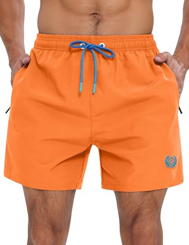 APTRO Mens Swim Shorts Quick-Dry Mesh Lining Summer Beach Shorts 4-Way Stretch Swim Trunks with Zipper Pockets Orange M