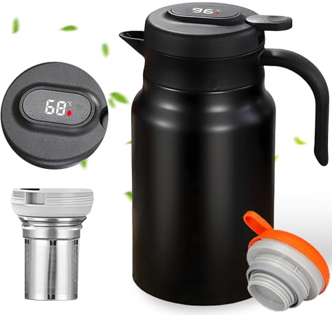 Termoskanna 1,5 l med tesil, vakuumkanna av 316 rostfritt stål, dubbelväggig kaffekanna med temperaturdisplay, läckagesäker och droppfri, för te, kaffe och mjölk