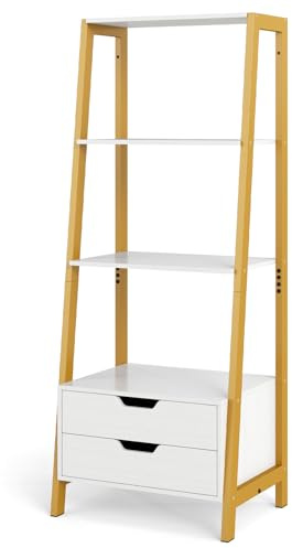 HOMASIS Libreria a Scala in Legno con Piedistallo, Mensola da Parete con 2 Cassetti, Libreria Verticale con Ripiani a Scala per Camera, Soggiorno, Ufficio, 52 x 39,5 x 134 cm (Bianco)