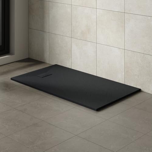 Aquariss Bathroom Rectangular 1600 x 900 mm Slate Effect Shower Tray Black | Slimline Anti Slip, SMC Wetroom Shower Cubicle Base, for Walk In Shower Door, Durable, Low Profile