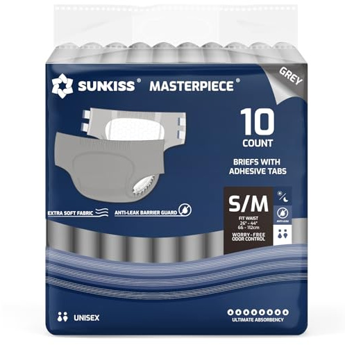 SUNKISS MASTERPIECE Vuxenblöjor med ultimat absorptionsförmåga, unisex engångsinkontinensbyxor för kvinnor och män, skydd över natten, grå, storlek S/M, 10 st