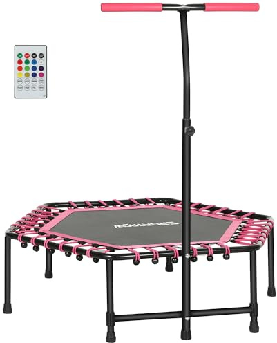 SPORTNOW 45 Fitness Trampoline with Adjustable Handle, Mini Trampoline for Adults with LED Lights, Bungee Rebounder for Indoor Exercise Workout, Max Load 220lbs, Pink