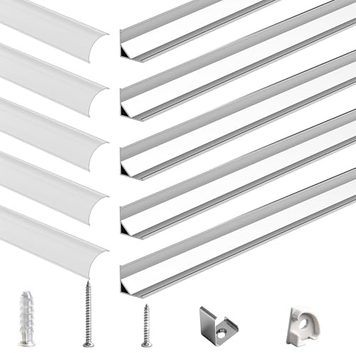Wilktop LED-profiler aluminium för LED-remsor/ränder/remsa, 5 x 1 m LED-aluminiumprofil V-form hörnprofil, LED-list, kanal med mjölkvitt skydd, indirekt belysning, takdiffusor