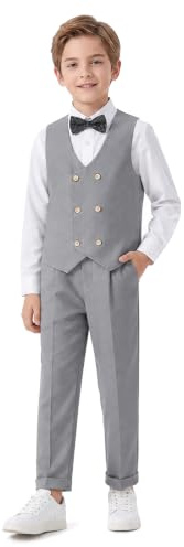 LOLANTA 4-Piece Formal Suit for Boy, Double-Breasted Waistcoat Set, Kids Birthday Wedding Party Occasionwear, Grey, 11-12 Years, 160
